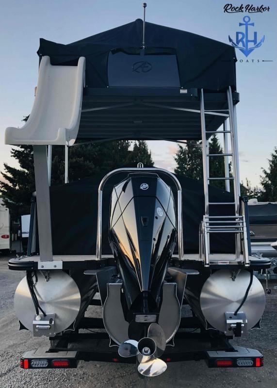 Slide: The Image of 2023 Avalon 2585 Catalina Cruise Funship with slide and outboard motor. - 4