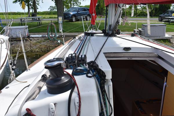 Slide: The Image of Beneteau First 30 sailboat deck and cockpit, 2012 model, docked at marina. - 18