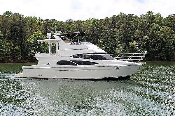 Slide: The Image of 2005 Carver 41 Cockpit Motor Yacht cruising on a lake. - 0