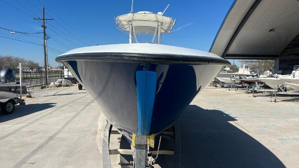 Slide: The Image of 2005 Contender 36 Open boat on a trailer, front view. - 4