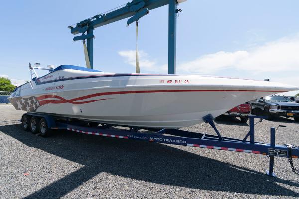 Slide: The Image of 1991 Fountain 38 Sport Cruiser boat on Myco trailer. - 0