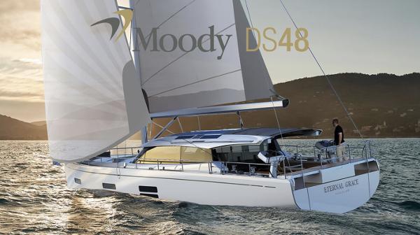 Slide: The Image of 2024 Moody 48 Deck Saloon sailing yacht on the water at sunset. - 0