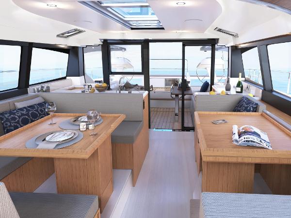 Slide: The Image of Luxurious interior of 2024 Moody 48 Deck Saloon yacht with elegant dining area. - 10