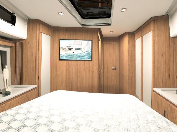 Slide: The Image of 2024 Moody 48 Deck Saloon bedroom with modern wood paneling and ceiling hatch - 11