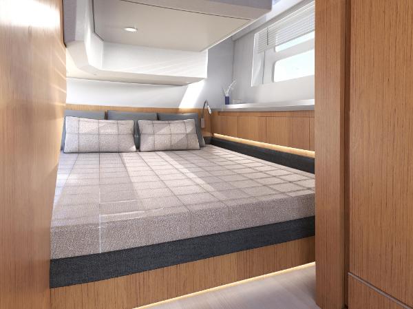 Slide: The Image of 2024 Moody 48 Deck Saloon bedroom with modern design and natural light. - 12
