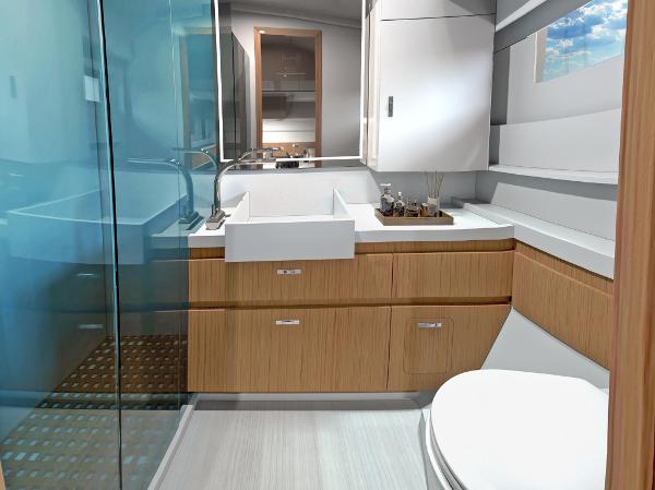 Slide: The Image of Modern bathroom in 2024 Moody 48 Deck Saloon yacht with sleek fixtures and wooden cabinetry. - 14