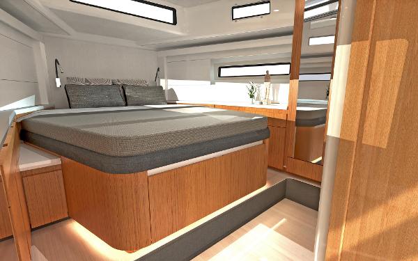 Slide: The Image of Luxurious interior of the 2024 Moody 48 Deck Saloon yacht with modern bedroom design. - 15