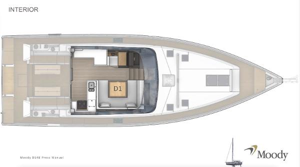 Slide: The Image of 2024 Moody 48 Deck Saloon interior layout, featuring spacious living and dining areas. - 17