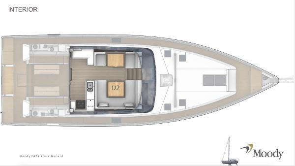 Slide: The Image of 2024 Moody 48 Deck Saloon interior layout, featuring spacious living and dining areas. - 18