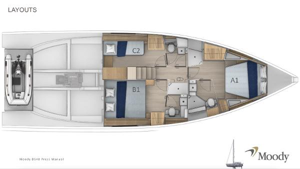 Slide: The Image of Layout of the 2024 Moody 48 Deck Saloon yacht with labeled cabins and amenities. - 19
