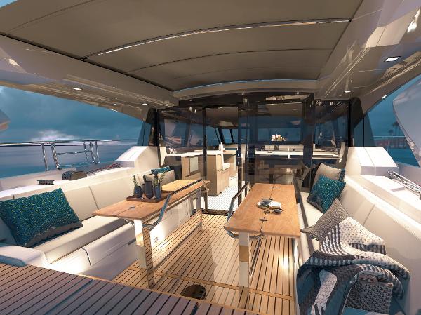 Slide: The Image of Luxurious 2024 Moody 48 Deck Saloon yacht interior with elegant seating and wooden tables. - 2