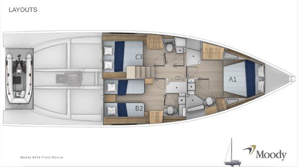 Slide: The Image of Layout of 2024 Moody 48 Deck Saloon yacht with labeled cabins and amenities. - 20