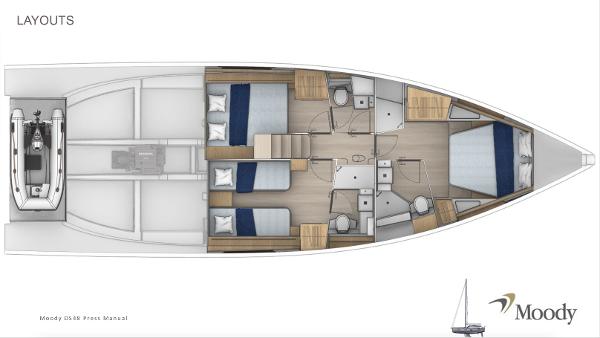 Slide: The Image of 2024 Moody 48 Deck Saloon yacht layout with spacious cabins and modern amenities. - 21