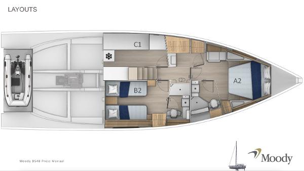 Slide: The Image of 2024 Moody 48 Deck Saloon yacht layout with cabins and amenities. - 22