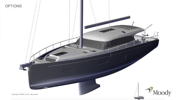 Slide: The Image of 2024 Moody 48 Deck Saloon sailboat, side view, sleek design, modern features. - 24