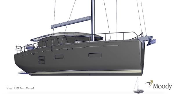 Slide: The Image of 2024 Moody 48 Deck Saloon sailboat side view illustration. - 26