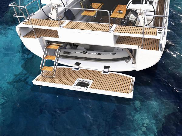 Slide: The Image of 2024 Moody 48 Deck Saloon yacht with open swim platform and teak decking. - 3