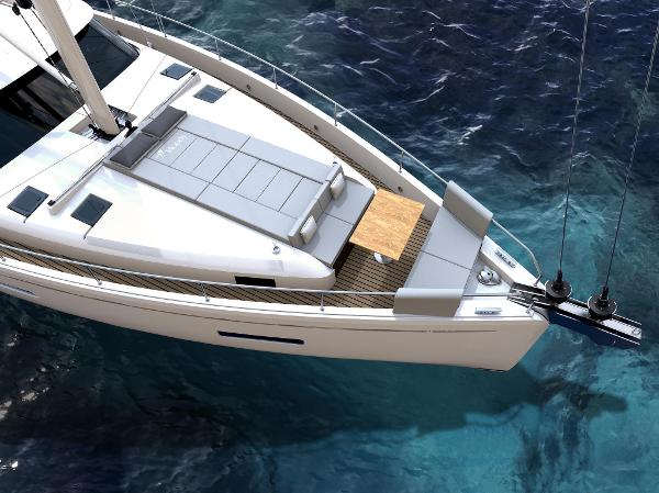 Slide: The Image of 2024 Moody 48 Deck Saloon yacht on clear blue water. - 5