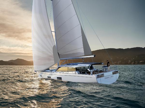 Slide: The Image of 2024 Moody 48 Deck Saloon sailing at sunset. - 6