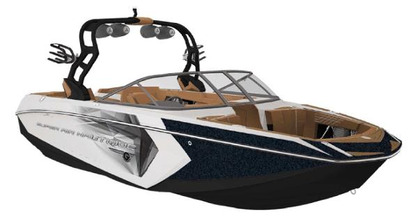 Slide: The Image of 2017 Nautique Super Air G23 boat, sleek design, black and white exterior, advanced wakeboard features. - 43
