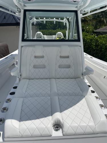 Slide: The Image of 2021 Onslow Bay 41 Tournament Edition boat with luxurious white seating. - 14