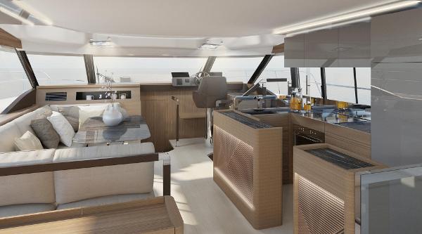 Slide: The Image of Luxurious interior of the 2025 Prestige M48 yacht with modern kitchen and seating area. - 12