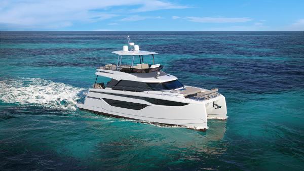 Slide: The Image of 2025 Prestige M48 yacht cruising on clear blue ocean waters. - 5