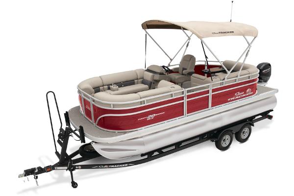Slide: The Image of 2024 Sun Tracker Party Barge 20 DLX pontoon boat on trailer with canopy. - 7
