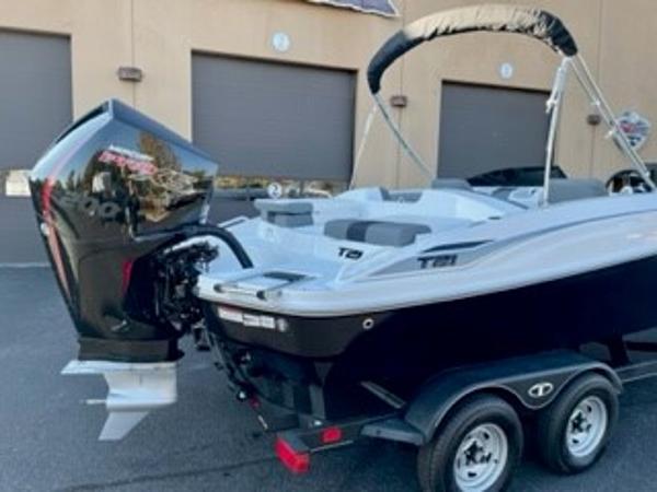 Slide: The Image of 2024 Tahoe T21 boat with outboard motor on trailer. - 1