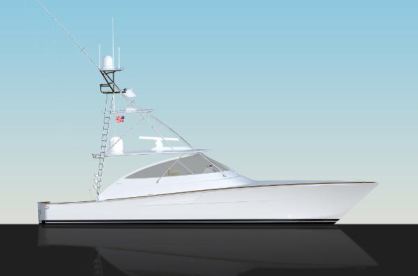 Slide: The Image of 2025 Viking 54 Open yacht with sleek design against a clear sky. - 2
