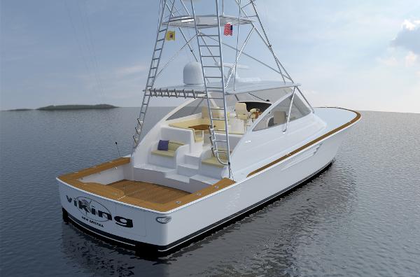 Slide: The Image of 2025 Viking 54 Open yacht on calm waters, rear view. - 4